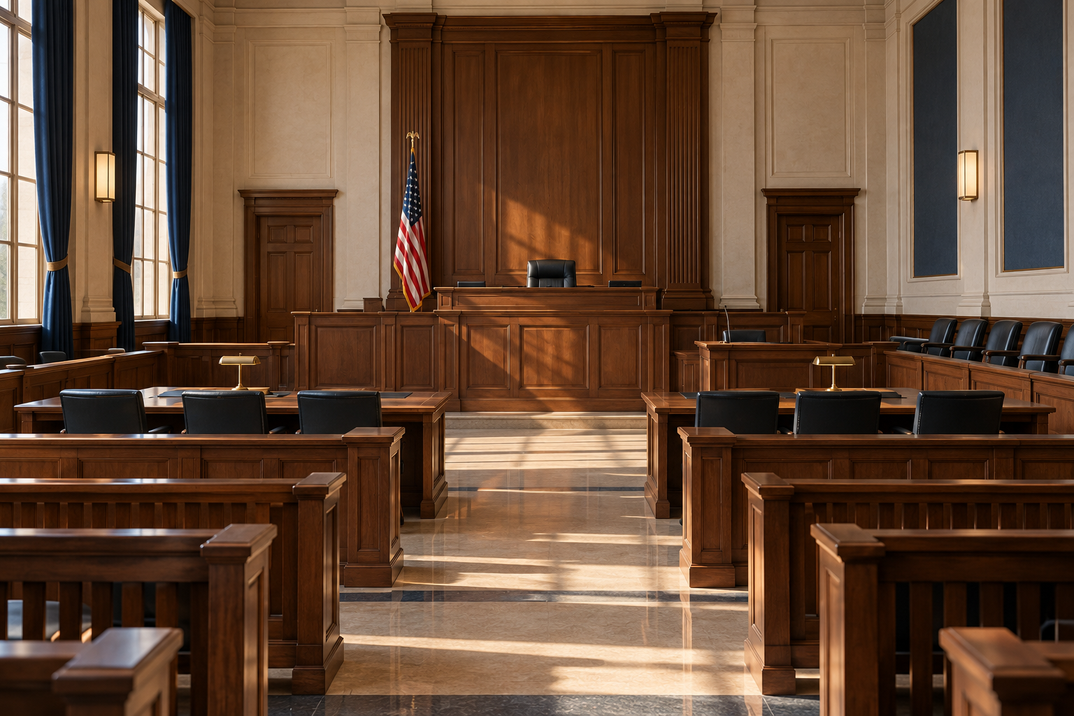 Empty courtroom with a wood-paneled judge’s bench and soft daylight.